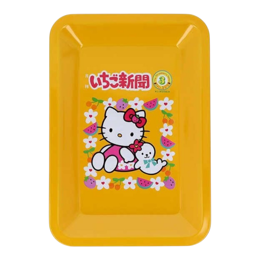 Twinkle Glory yellow tin plate Hello Kitty pen tray featuring a cute character illustration with flowers and fruit.
