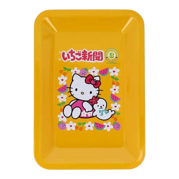 Twinkle Glory yellow tin plate Hello Kitty pen tray featuring a cute character illustration with flowers and fruit.