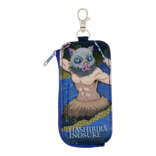Twinkle Glory Demon Slayer Inosuke key case with retractable reel, featuring a blue PVC design and zip closure.