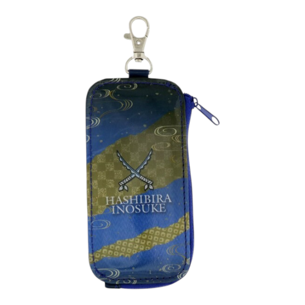 Twinkle Glory Demon Slayer Inosuke key case featuring a blue and gold patterned PVC design with a retractable reel