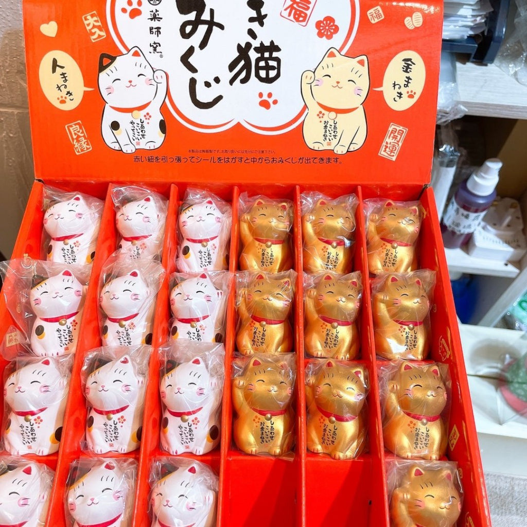 Twinkle Glory porcelain Japanese lucky cat figurines in white and gold displayed in a red retail box