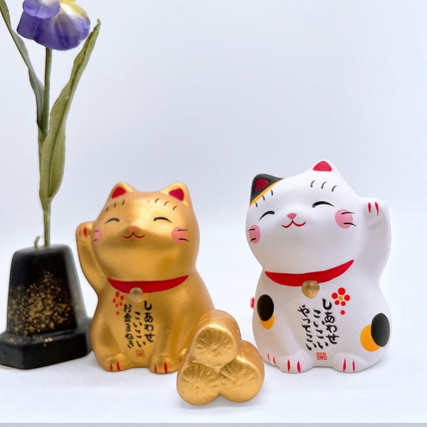 Twinkle Glory hand-painted porcelain Japanese lucky cat figurines in gold and white with traditional calligraphy