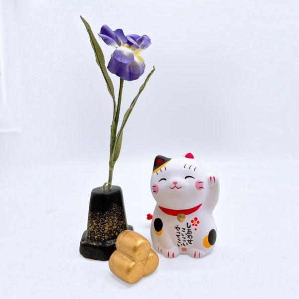 Twinkle Glory mini porcelain Japanese Lucky Cat figurine with hand-painted details, displayed with a flower and gold