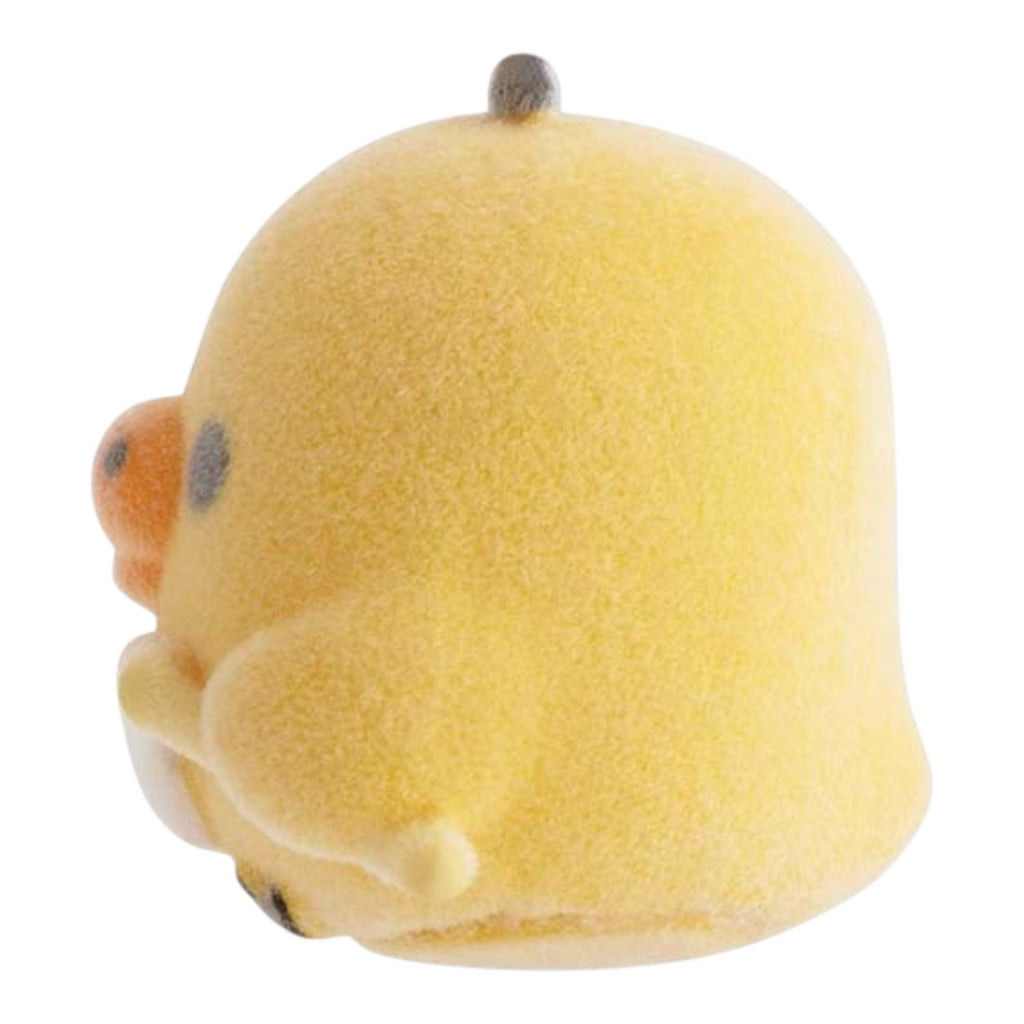 Twinkle Glory San-X Kiiroitori flocked figure in yellow with a soft velvety texture, side view