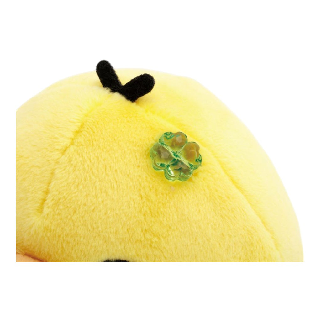 Twinkle Glory San-X Kiiroitori plush featuring soft yellow polyester fabric and a green clover charm detail