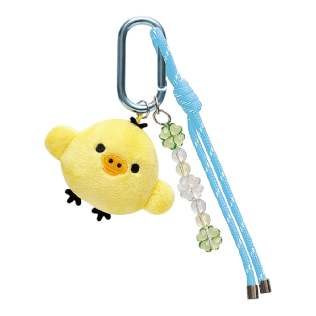 Twinkle Glory San-X Kiiroitori plush keychain with a blue carabiner, cord, and decorative clover beads.