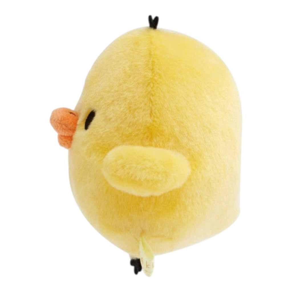 Twinkle Glory San-X Kiiroitori plush toy in a side view, featuring soft yellow polyester and orange beak details.
