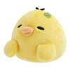 Twinkle Glory San-X Kiiroitori plush toy with a sleepy face, soft yellow polyester fabric, and small green clover.