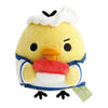 Twinkle Glory San-X Kiiroitori plush toy dressed as a sushi chef holding a piece of nigiri sushi