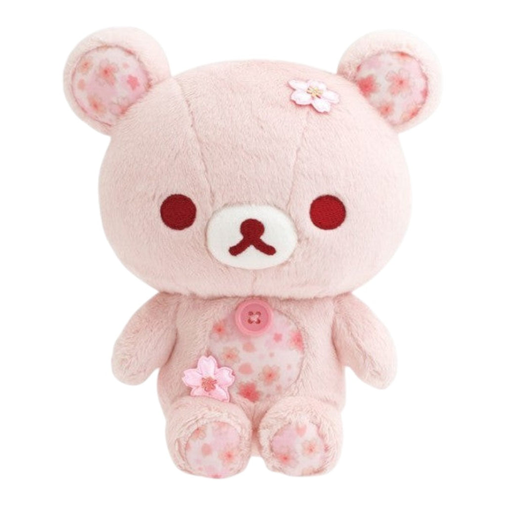 Twinkle Glory San-X Korilakkuma plush pouch in soft pink polyester with cherry blossom petal accents and details
