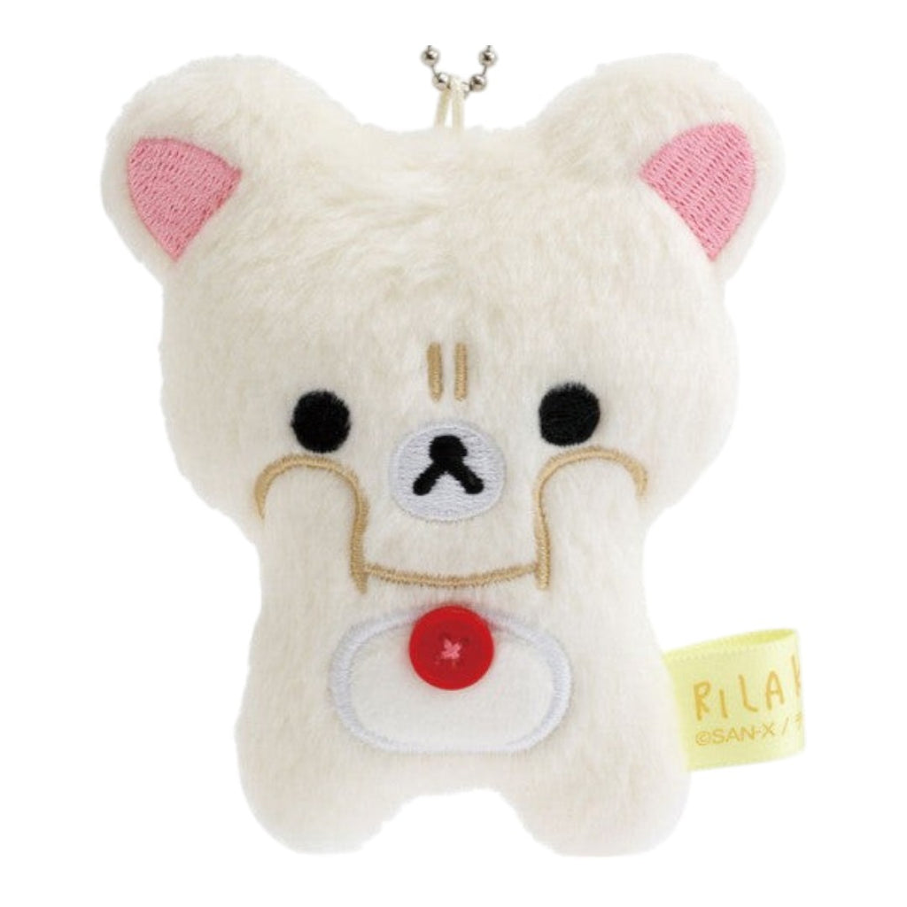 Twinkle Glory San-X Korilakkuma plush keychain featuring a soft white bear with a pouting expression and red button