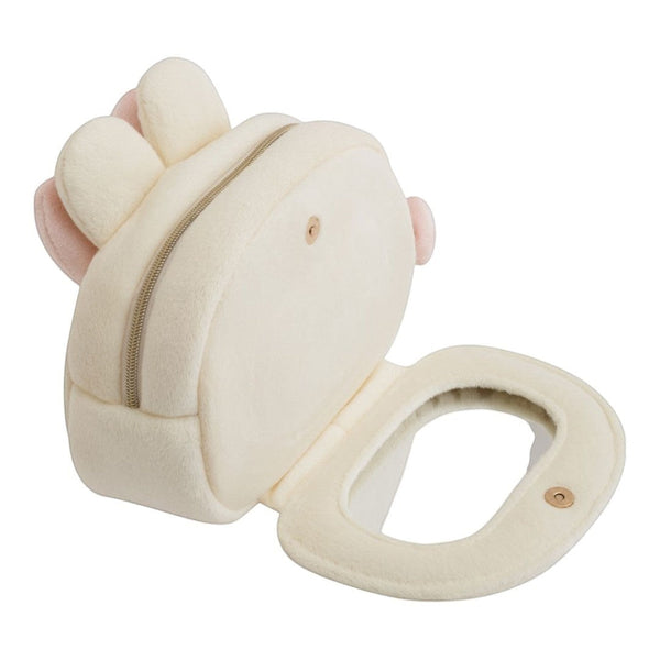 Twinkle Glory San-X Korilakkuma plush pouch in cream polyester with a built-in mirror and zipper closure
