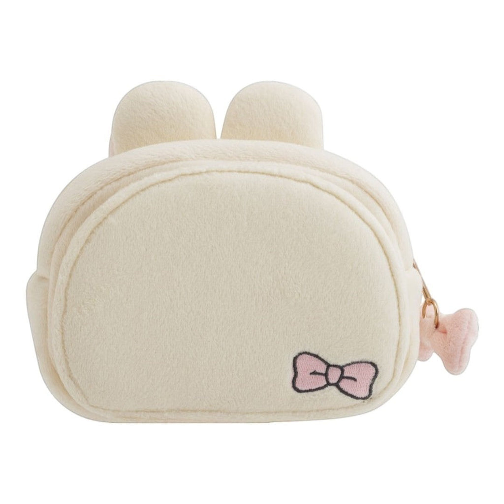 Twinkle Glory San-X Korilakkuma cream plush pouch with a small pink bow detail and built-in mirror.
