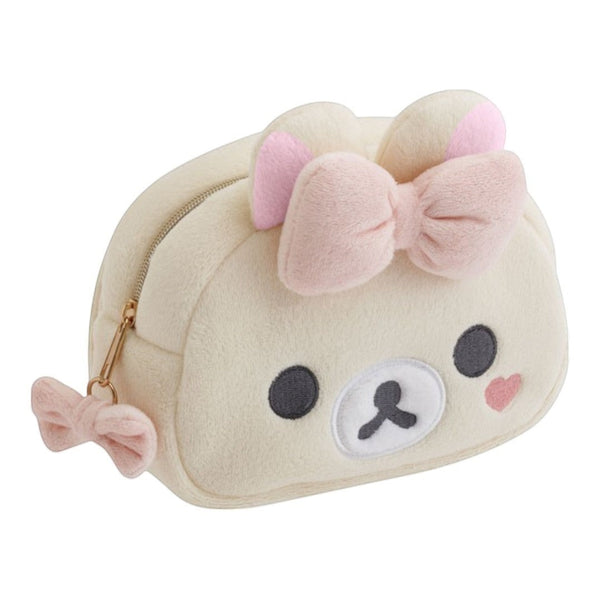 Twinkle Glory San-X Korilakkuma plush pouch in cream with a soft pink bow and built-in mirror for beauty essentials.