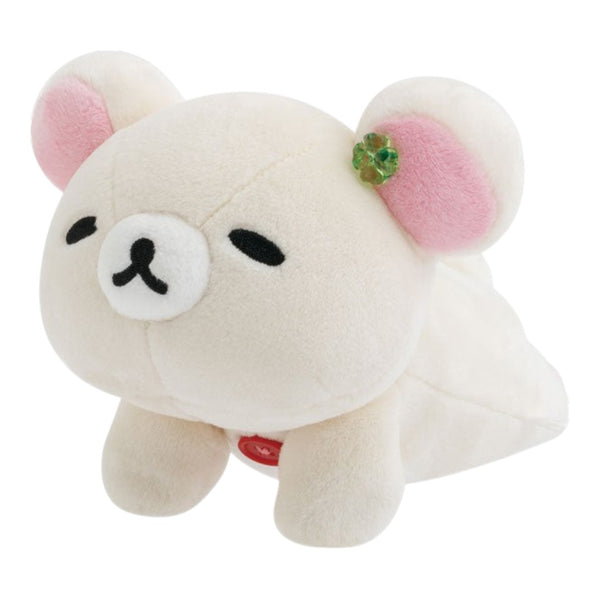 Twinkle Glory San-X Korilakkuma plush toy with sleepy expression, pink ears, and a green clover detail