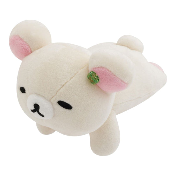 Twinkle Glory San-X Korilakkuma sleepy face plush toy in soft cream polyester with pink ears and green button detail