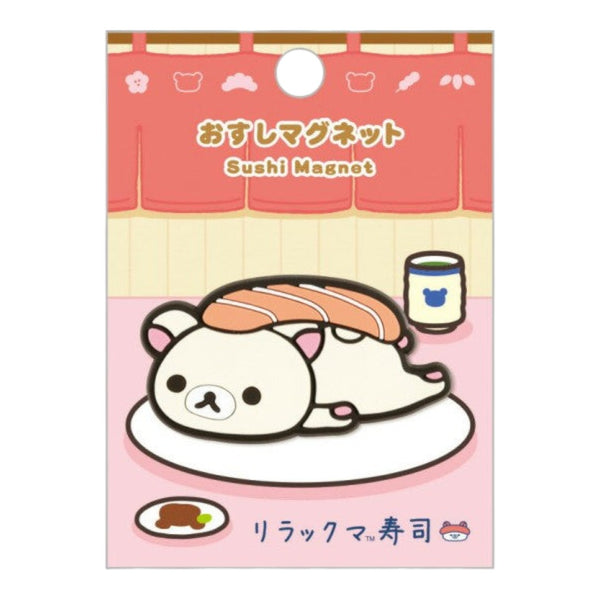 Twinkle Glory San-X Korilakkuma rubber magnet featuring the white bear character as sushi on a pink background