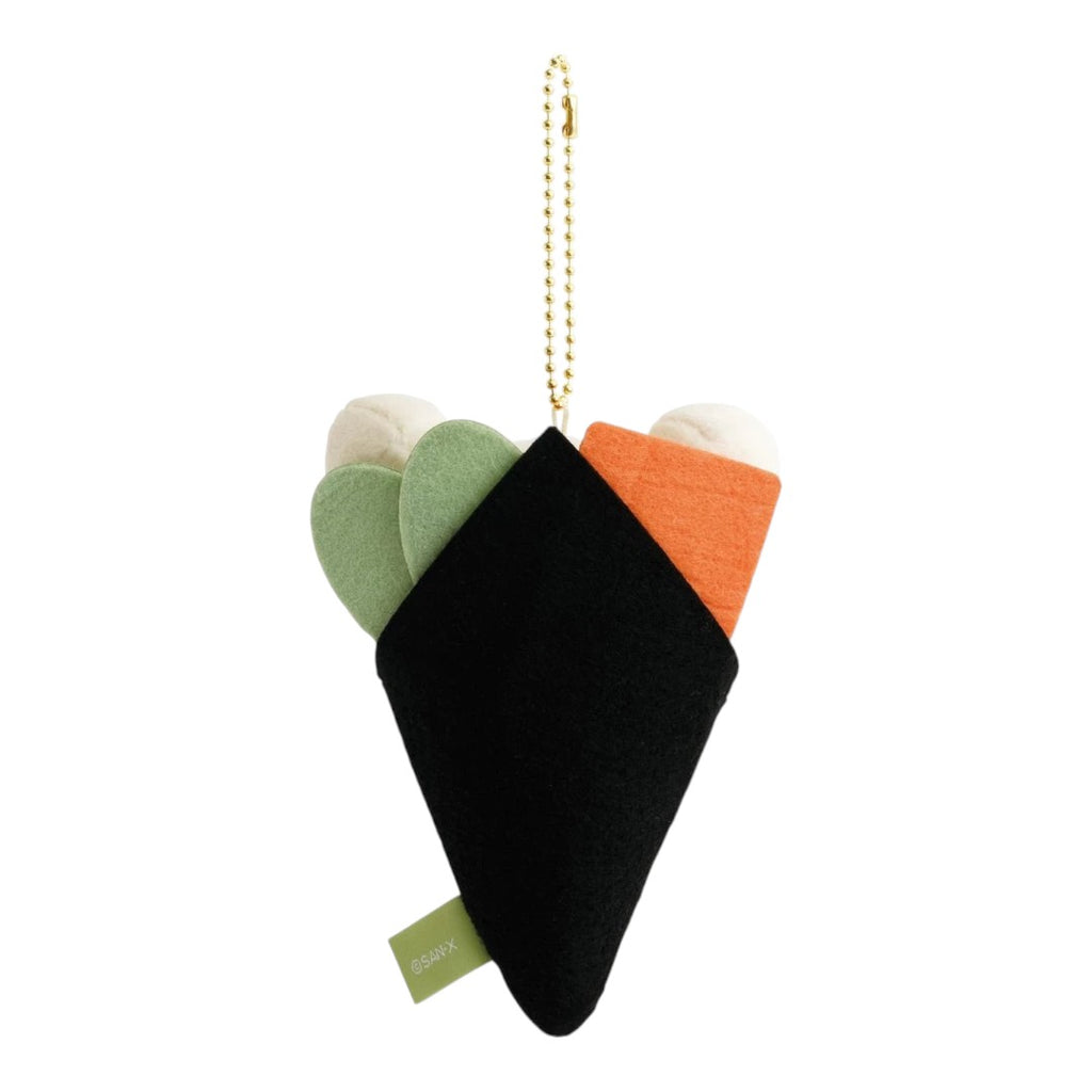 Twinkle Glory San-X Korilakkuma plush keychain shaped like a sushi roll with black, green, and orange felt details.
