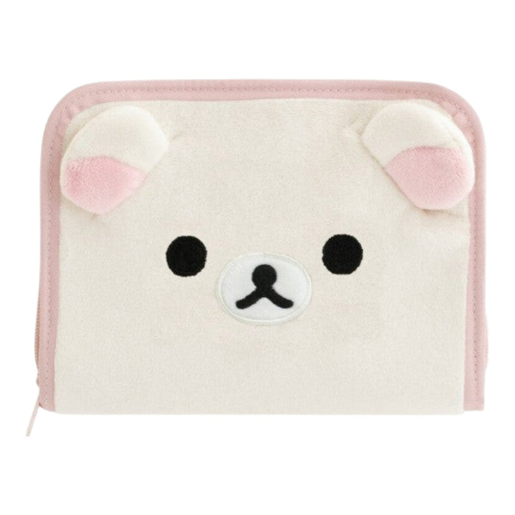 Twinkle Glory San-X Korilakkuma travel wallet in soft cream polyester with plush 3D ears and pink trim