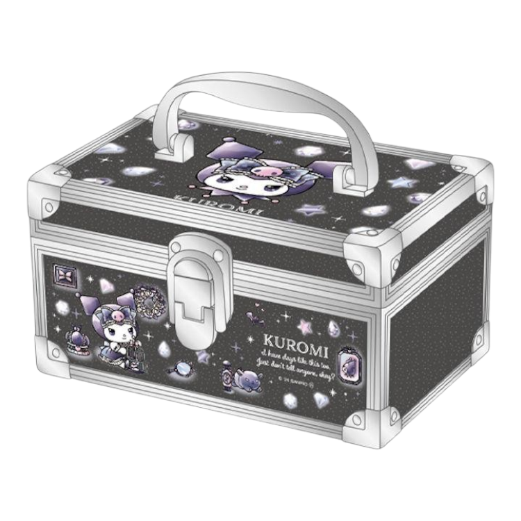 Twinkle Glory Sanrio Kuromi vanity cosmetic storage case in black with silver accents and character graphics.