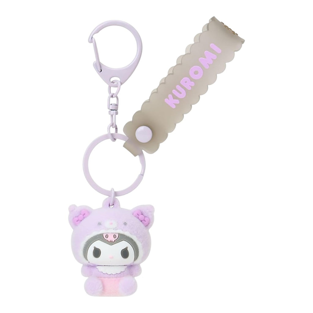 Twinkle Glory Sanrio Kuromi flocked resin mascot keychain with a purple scalloped strap and metal ring attachment.