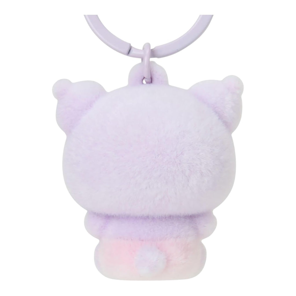 Twinkle Glory Sanrio Kuromi flocked mascot keychain in pastel purple with a soft textured finish and metal ring