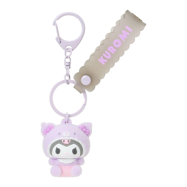 Twinkle Glory Sanrio Kuromi flocked resin mascot keychain with a purple scalloped strap and metal ring attachment.