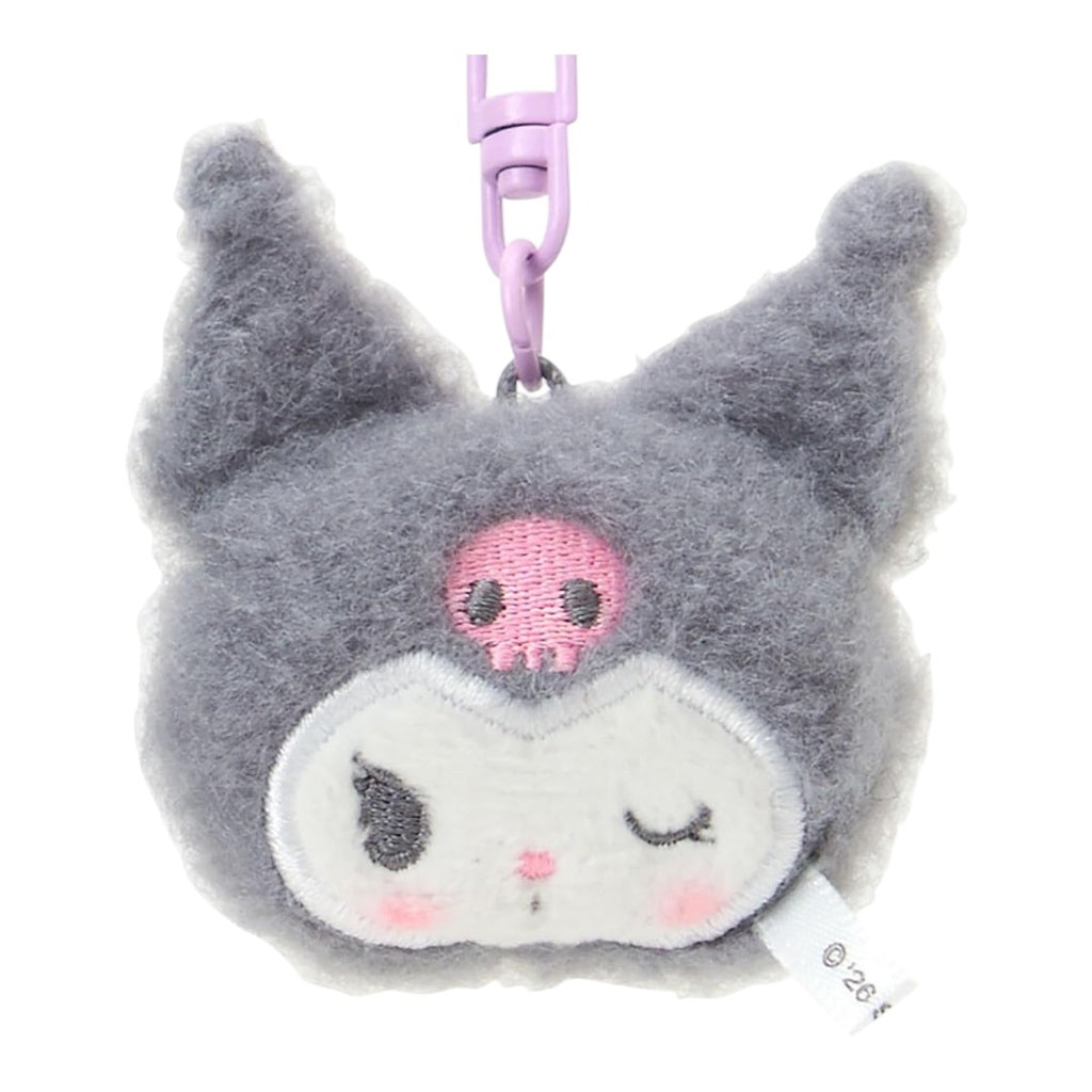 Twinkle Glory Sanrio Kuromi fluffy polyester mascot key ring with a pink skull detail and purple clasp