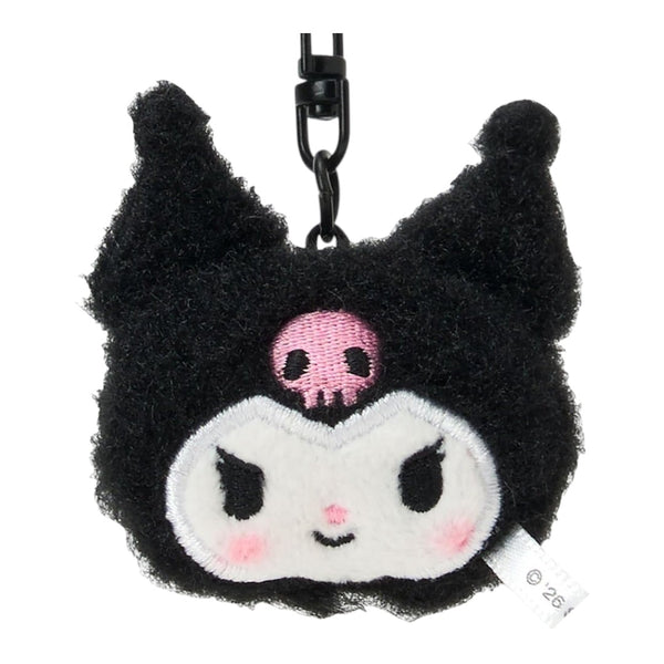 Twinkle Glory Sanrio Kuromi fluffy plush key ring with a black metal clip and embroidered skull detail
