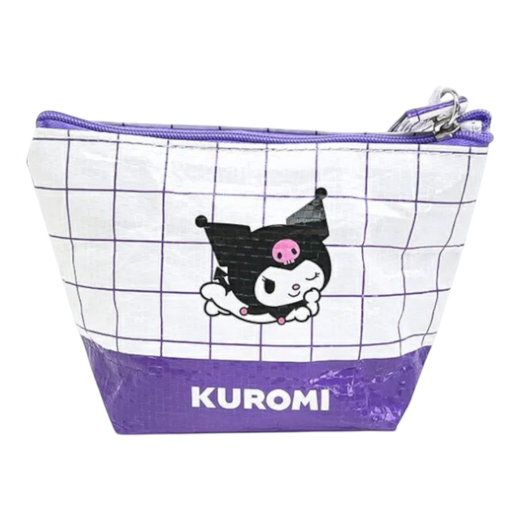 Twinkle Glory Sanrio Kuromi polyethylene pouch with a white grid pattern and purple base for small accessories