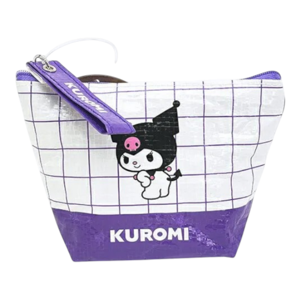Twinkle Glory Sanrio Kuromi polyethylene pouch in white and purple with a grid pattern and zipper pull