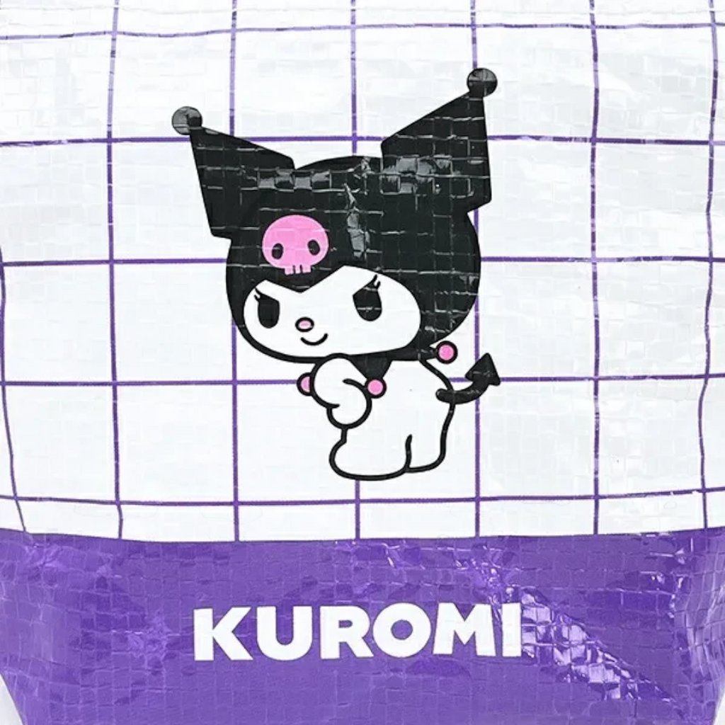 Twinkle Glory Sanrio Kuromi polyethylene pouch featuring a white grid pattern and purple base with Kuromi character