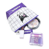 Twinkle Glory Sanrio Kuromi polyethylene pouch in purple and white with a grid pattern, filled with cosmetics.