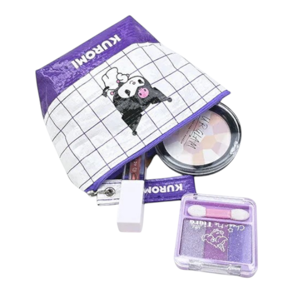 Twinkle Glory Sanrio Kuromi polyethylene pouch in purple and white with a grid pattern, filled with cosmetics.