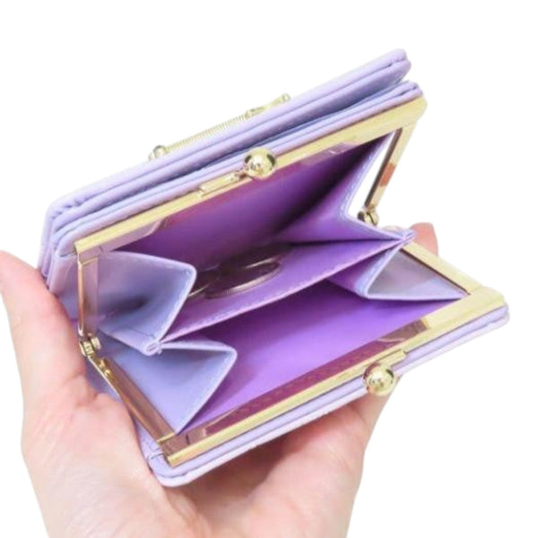 Twinkle Glory Sanrio Kuromi bifold wallet in purple synthetic leather with gold metal clasp coin pocket interior