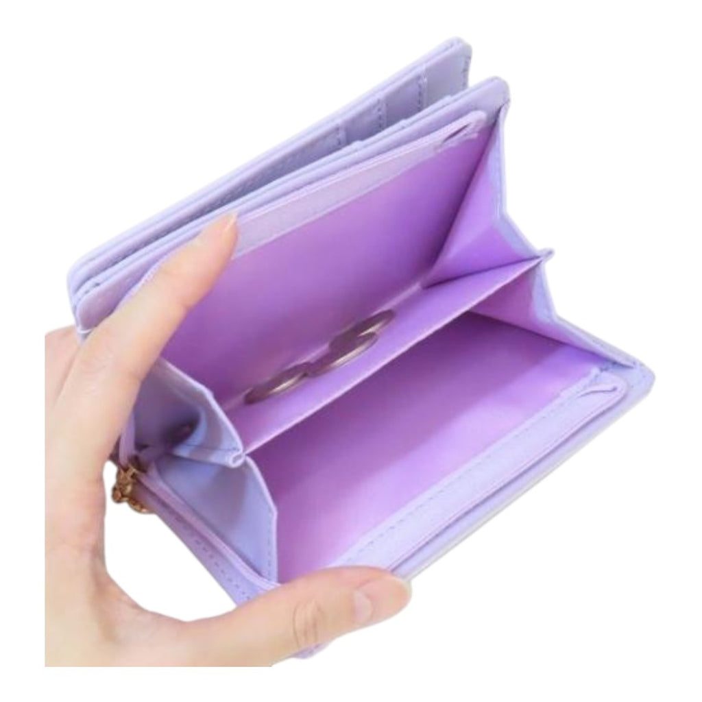 Twinkle Glory Sanrio Kuromi zipper wallet in light purple with an open interior for coins and small accessories