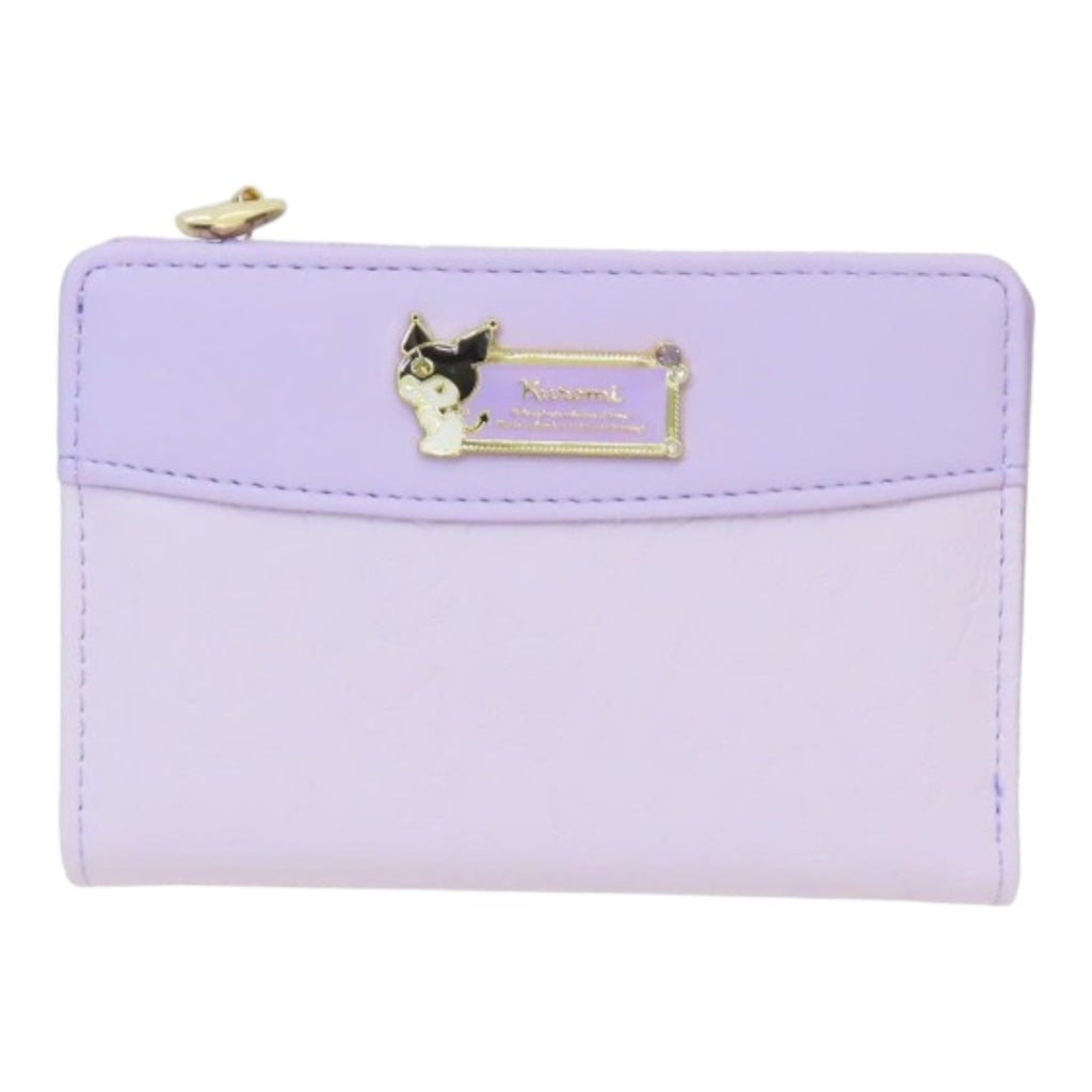 Twinkle Glory Sanrio Kuromi zipper wallet in pastel purple with a gold-tone character emblem and embossed details.