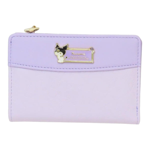 Twinkle Glory Sanrio Kuromi zipper wallet in pastel purple with a gold-tone character emblem and embossed details.