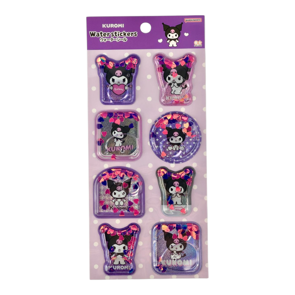 Twinkle Glory Sanrio Kuromi water decal sticker sheet with shimmering pink heart sequins in purple capsules