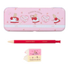 Twinkle Glory Sanrio Marron Cream stationery set with a pink metal case, red pencil, and two character erasers.