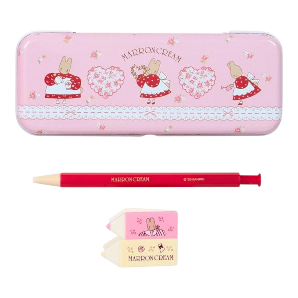 Twinkle Glory Sanrio Marron Cream stationery set with a pink metal case, red pencil, and two character erasers.