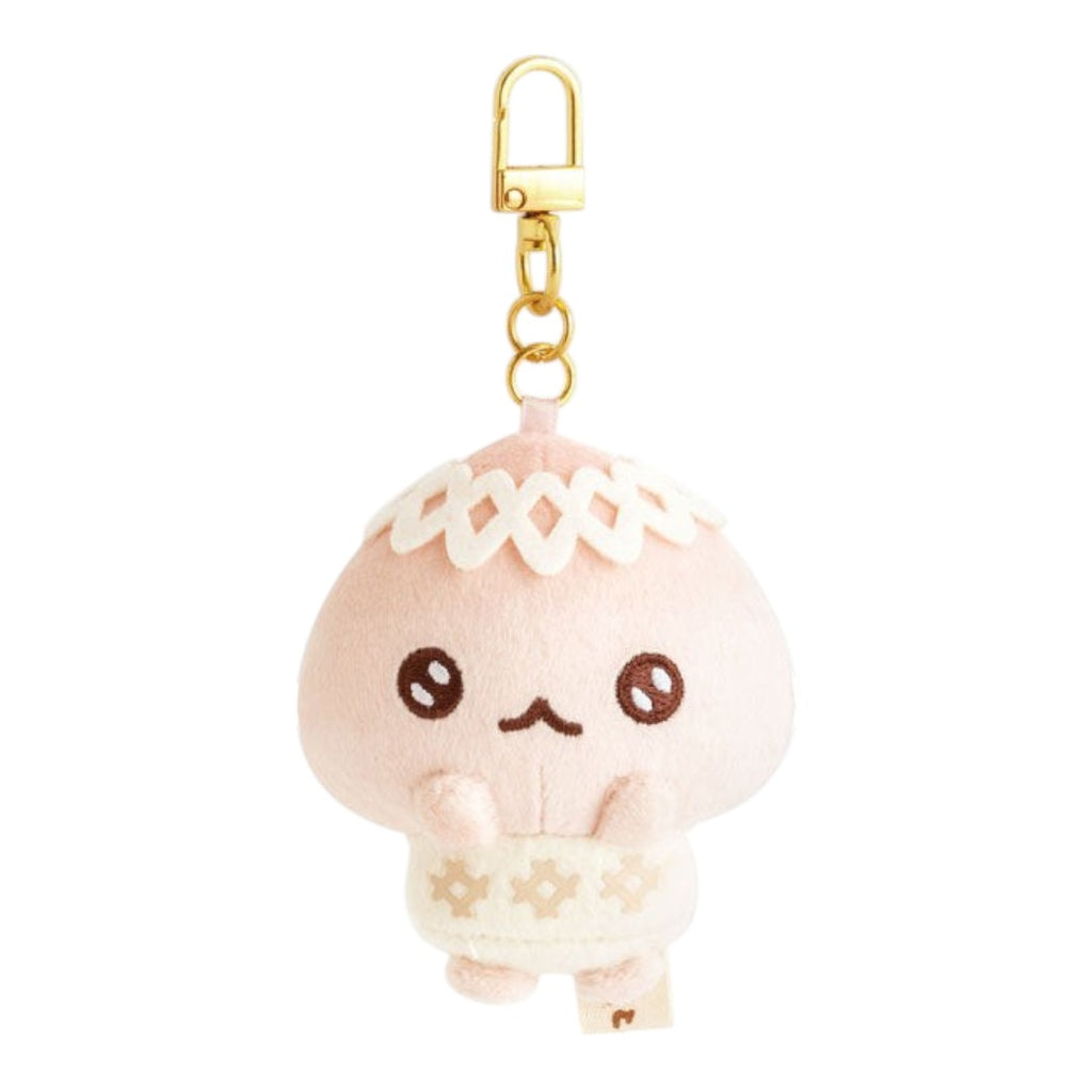 Twinkle Glory San-X Momo-chan plush keychain in soft pink polyester with embroidered details and gold clip