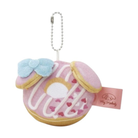 Twinkle Glory My Melody plush donut keychain with a blue bow and heart sprinkles, featuring a metal ball chain.