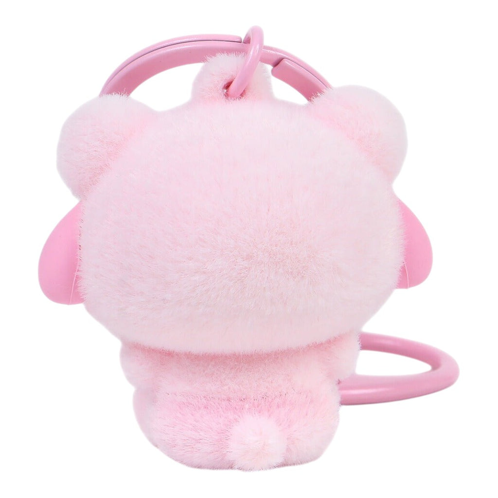 Twinkle Glory Sanrio My Melody pink flocked resin mascot keychain viewed from the back with a secure metal ring