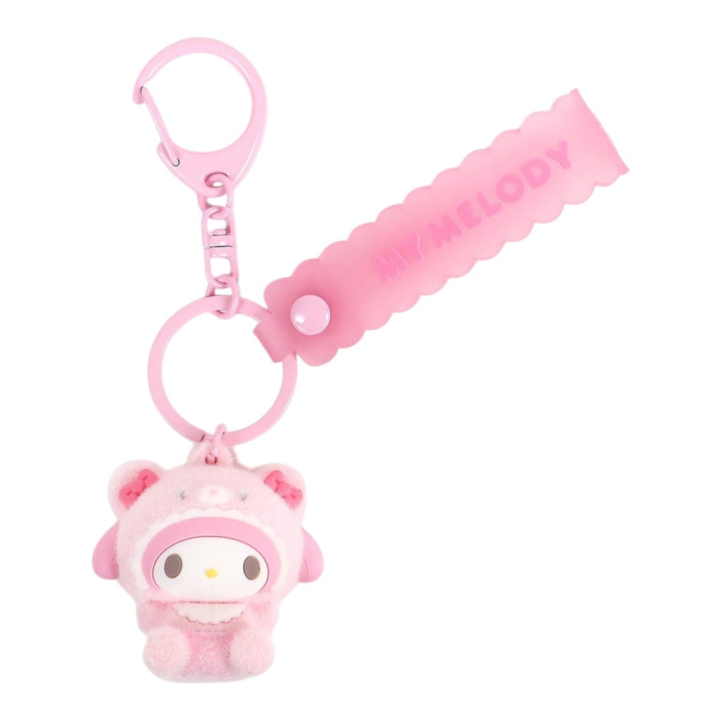 Twinkle Glory Sanrio My Melody 3D flocked mascot keychain in pink with a matching silicone strap and metal clasp
