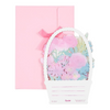 Twinkle Glory Sanrio My Melody greeting card featuring a floral basket design with a matching light pink envelope.