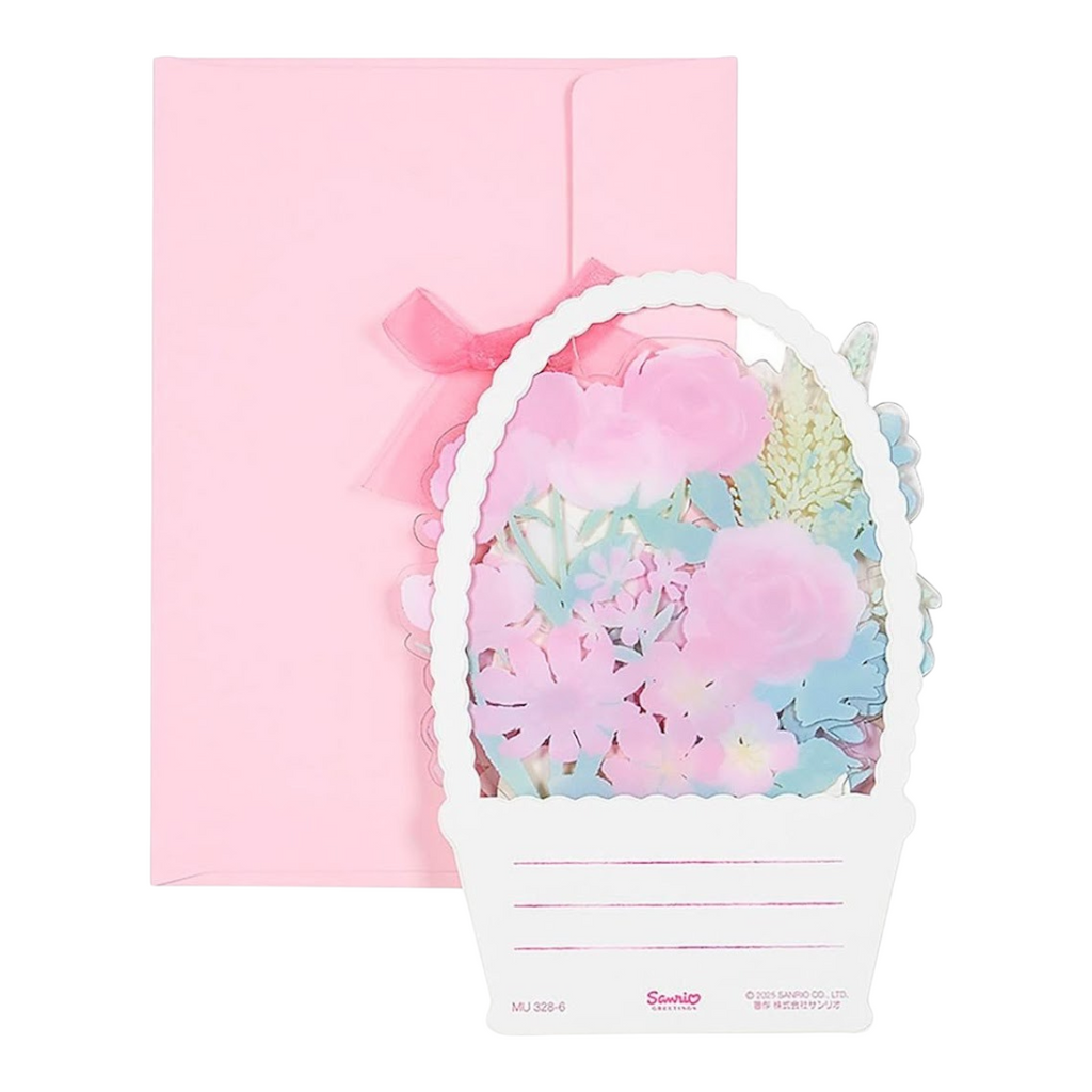 Twinkle Glory Sanrio My Melody greeting card featuring a floral basket design with a matching light pink envelope.