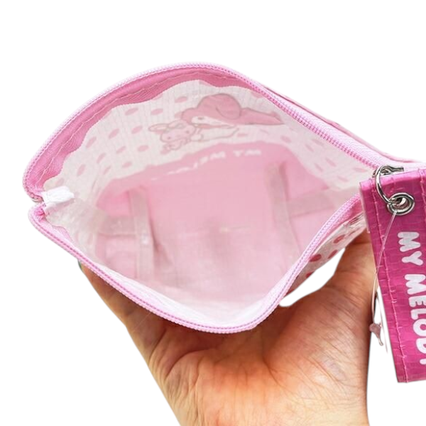 Twinkle Glory Sanrio My Melody pink polyethylene pouch with polka dot pattern and zipper pull detail