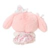 Twinkle Glory My Melody plush mascot from the back, featuring soft pink fur, a floral dress, and a white lace hood.