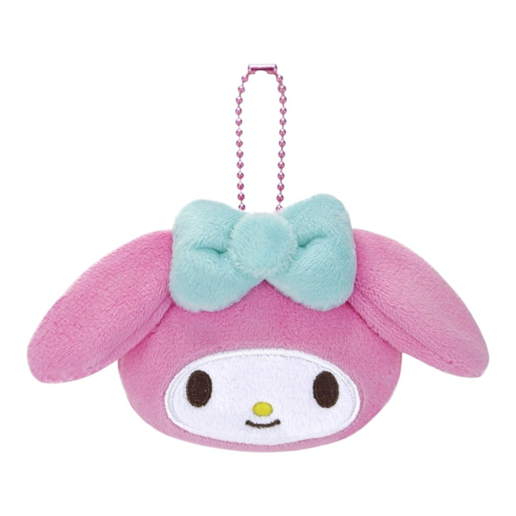 Twinkle Glory Sanrio My Melody plush mini coin case with a light blue bow and pink ball chain attachment